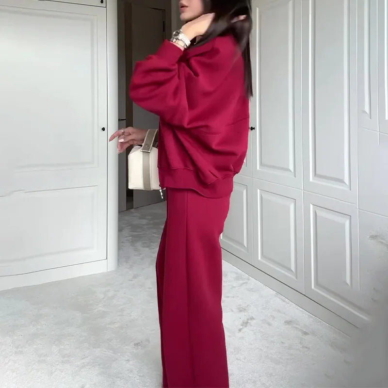 Conjunto de Suéter y Pantalones de Color Sólido con Cremallera BASIC para Mujeres