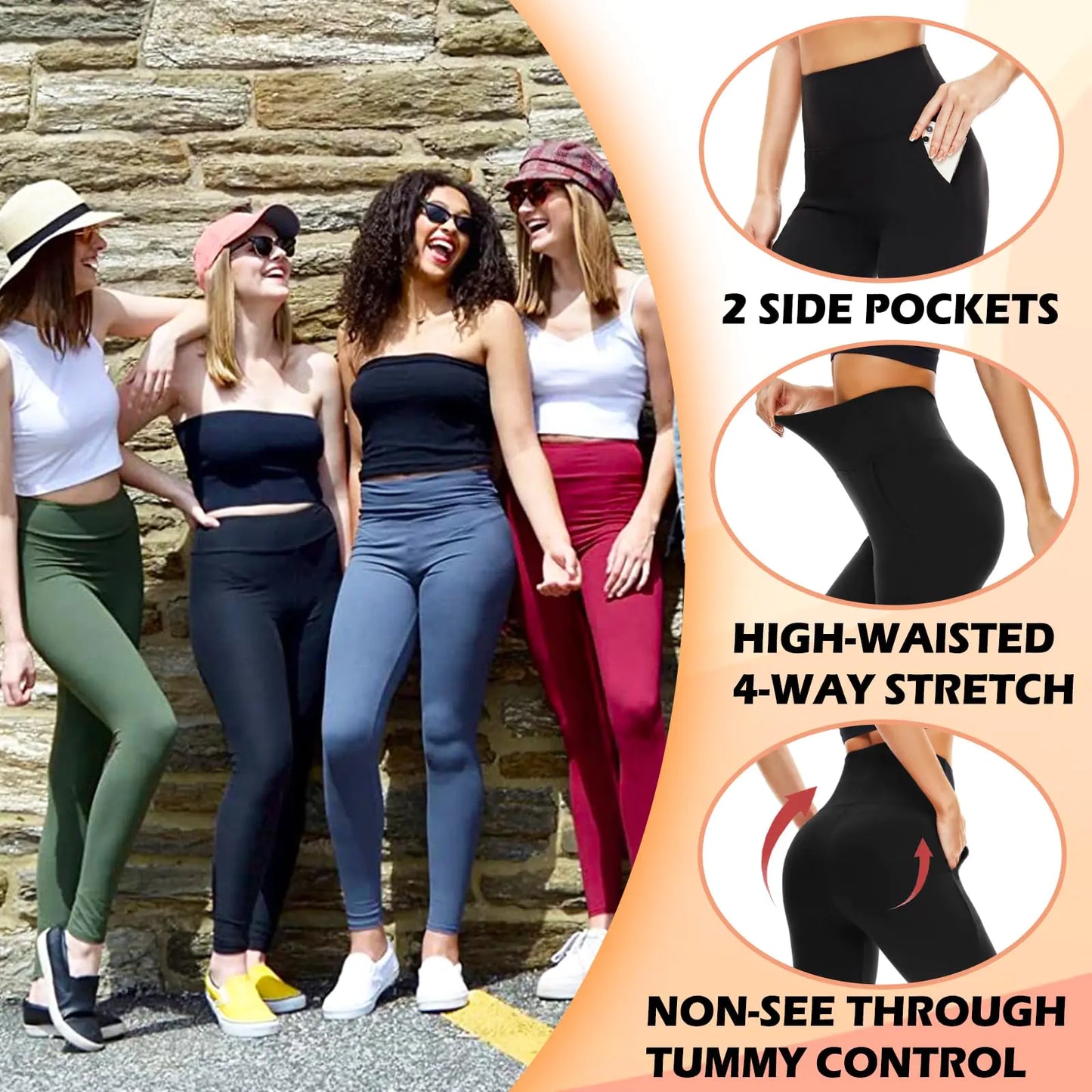 NEW YOUNG 3 Pack High Waisted Leggings with Pockets for Women