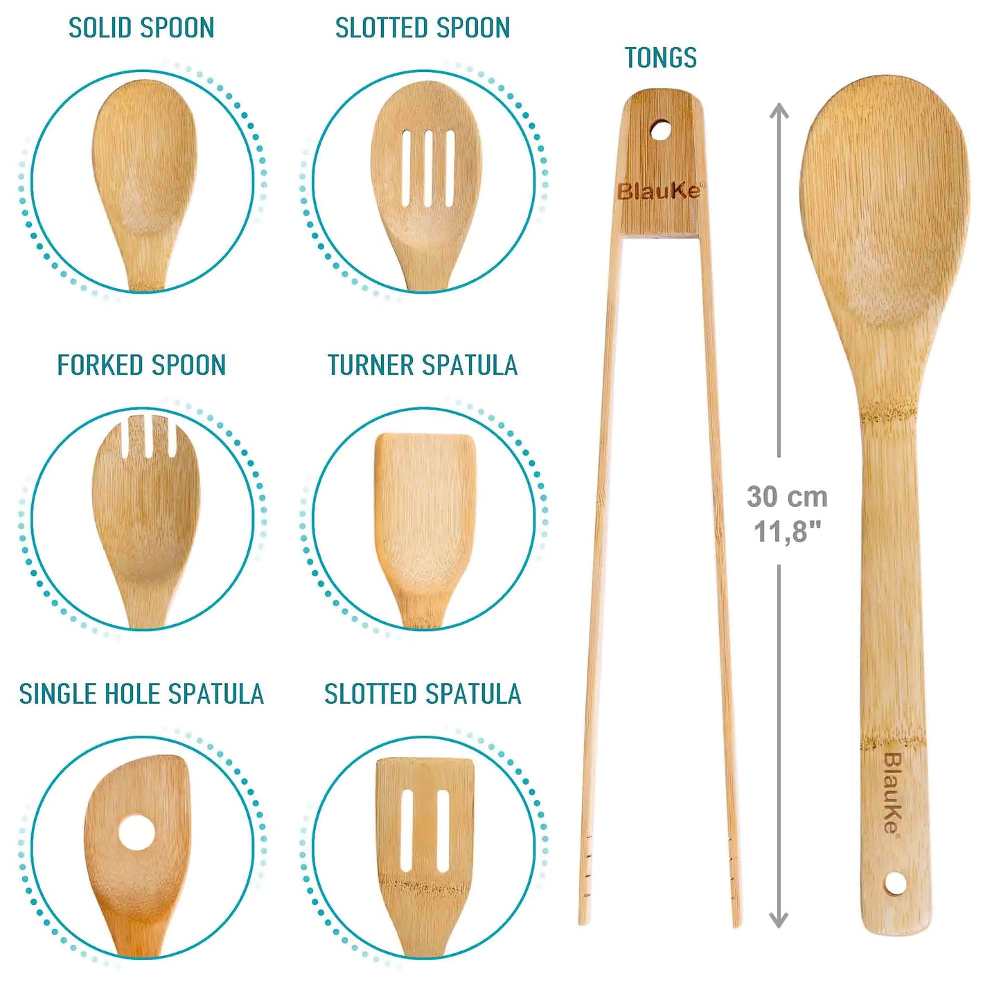 Ensemble d'ustensiles de cuisine en bambou - 7 cuillères en bois de qualité supérieure