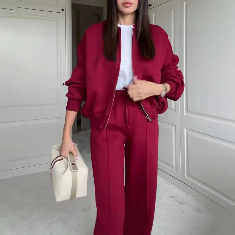 Conjunto de Suéter y Pantalones de Color Sólido con Cremallera BASIC para Mujeres