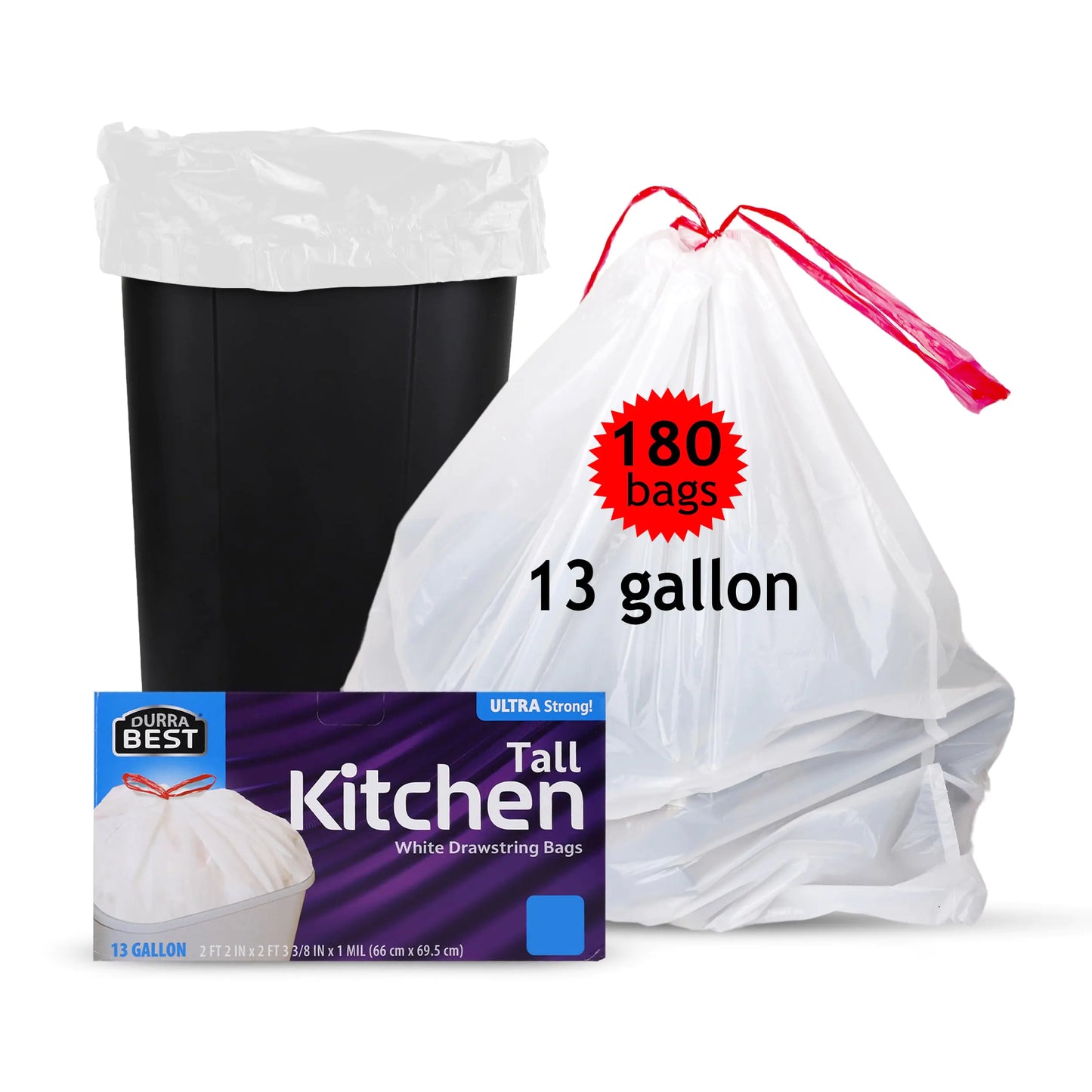 DURRA BEST Tall Kitchen Drawstring Trash Bags 13 Gallon - 180 Count