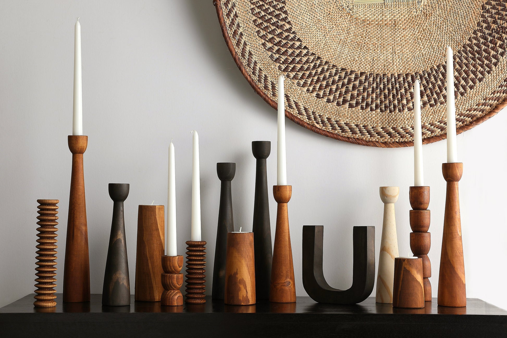 Tapered Candlestick Holder Pine Wood Cognac, Espresso, Natural - Korvel