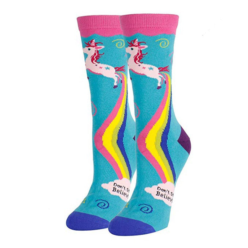 Unicorn Rainbow Printing Autumn And Winter Leisure In The Tube Sports Holiday Gift Socks - Korvel