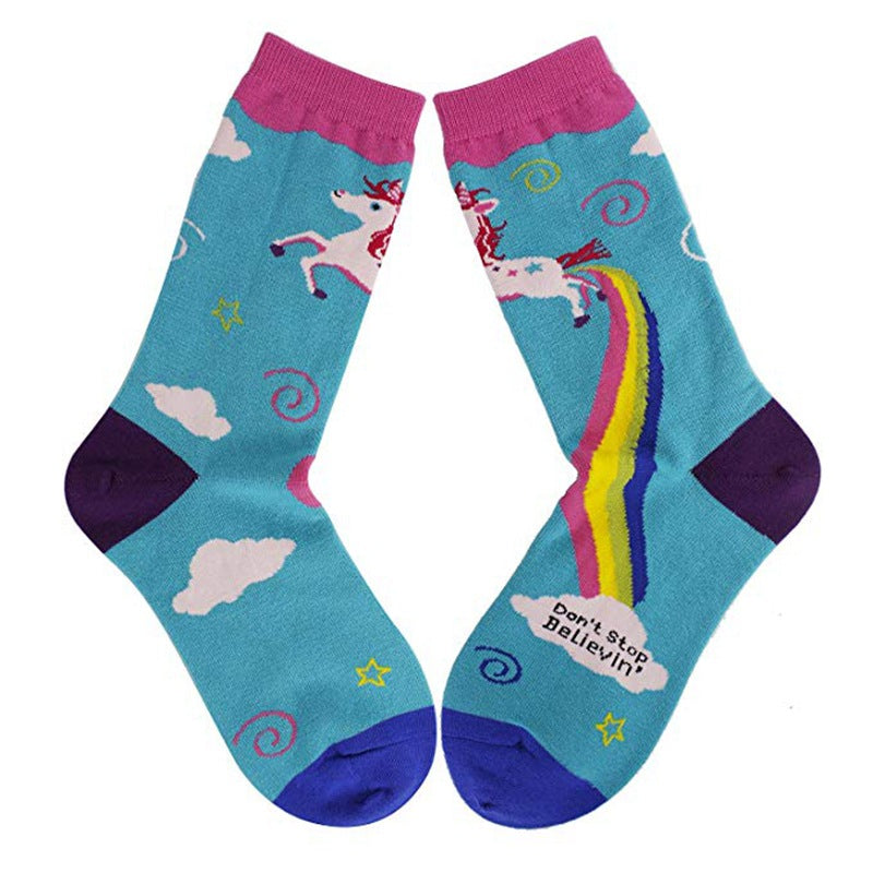 Unicorn Rainbow Printing Autumn And Winter Leisure In The Tube Sports Holiday Gift Socks - Korvel