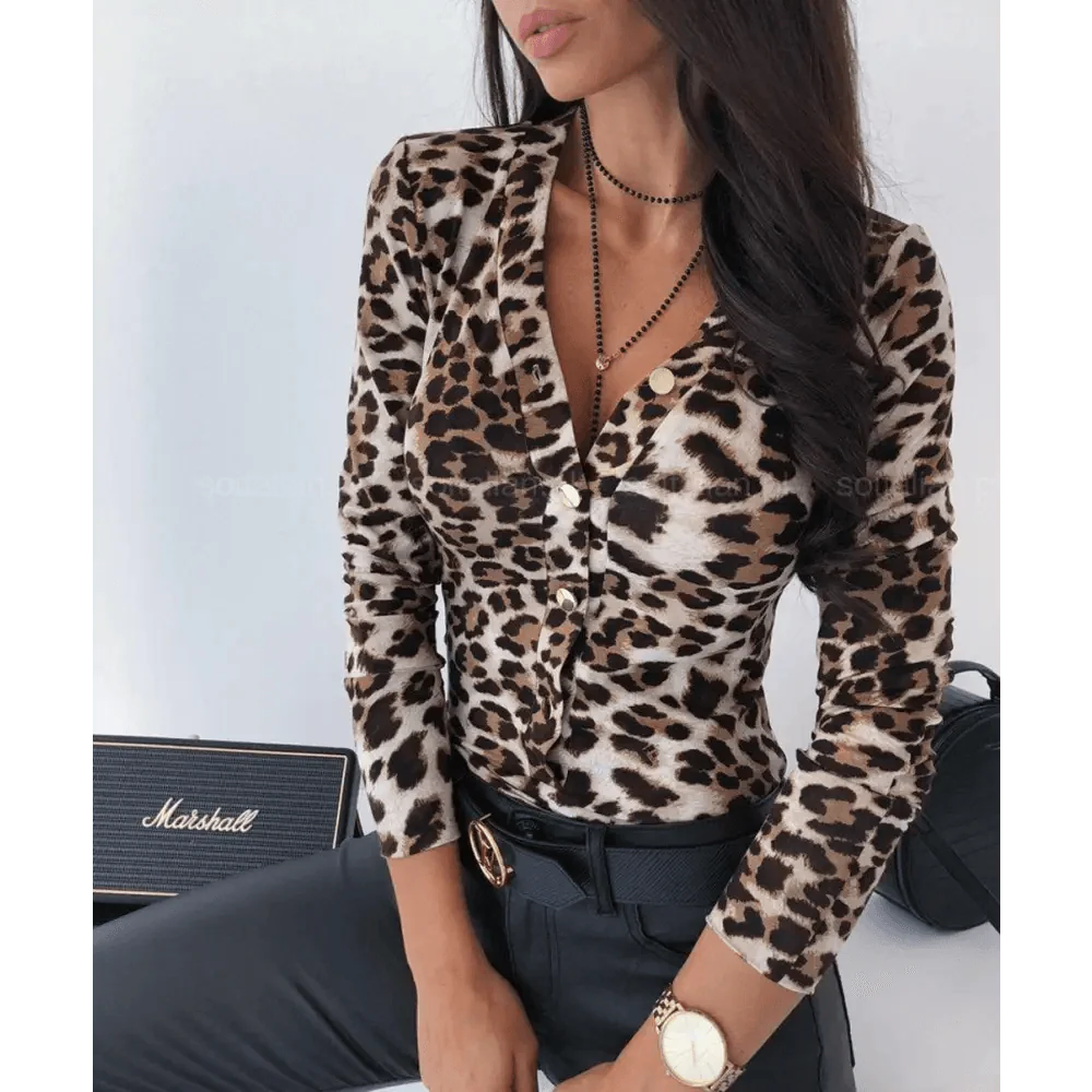 Unique Women's Snakeskin Leopard Print Blouse - Casual Long Sleeve