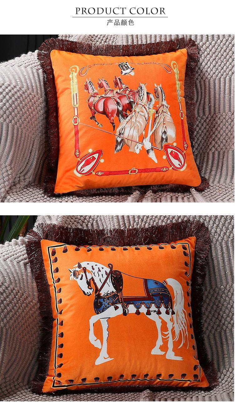 Housse de coussin en polyester imprimé de luxe avec bord à franges