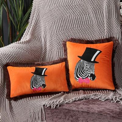 Housse de coussin en polyester imprimé de luxe avec bord à franges