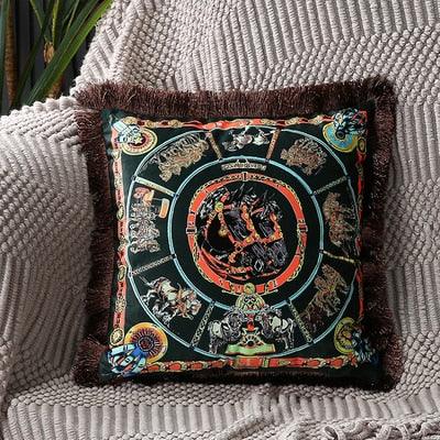 Housse de coussin en polyester imprimé de luxe avec bord à franges