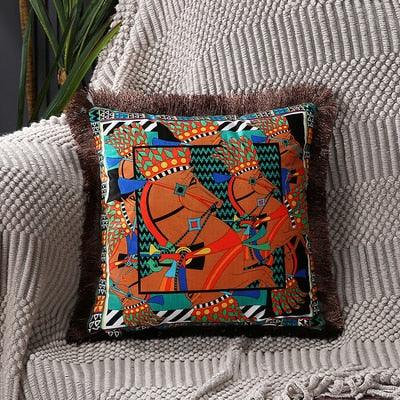 Housse de coussin en polyester imprimé de luxe avec bord à franges