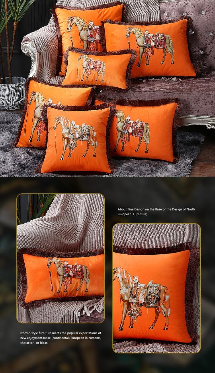 Housse de coussin en polyester imprimé de luxe avec bord à franges