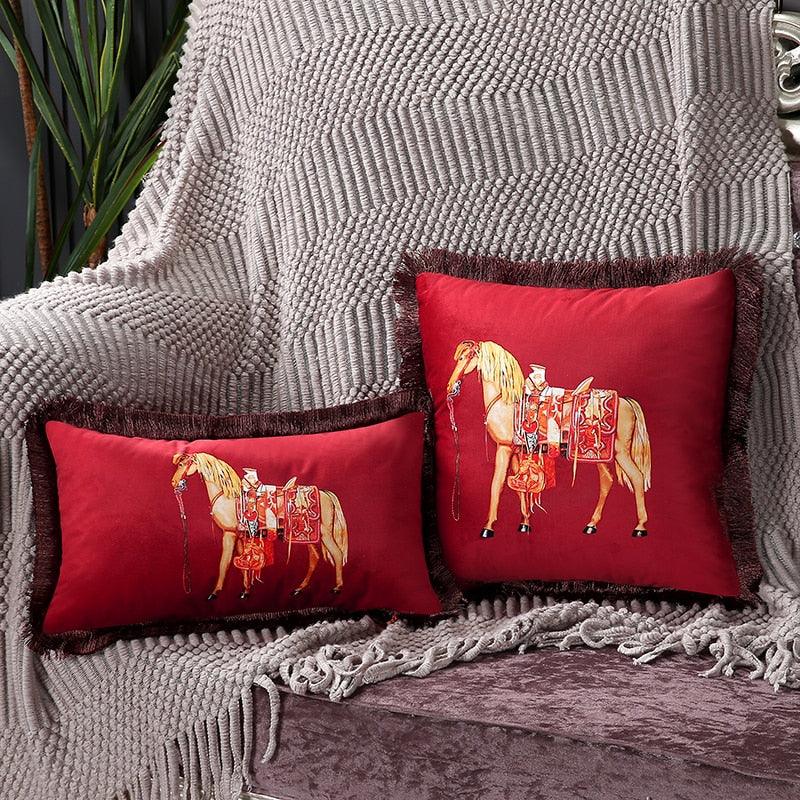 Housse de coussin en polyester imprimé de luxe avec bord à franges