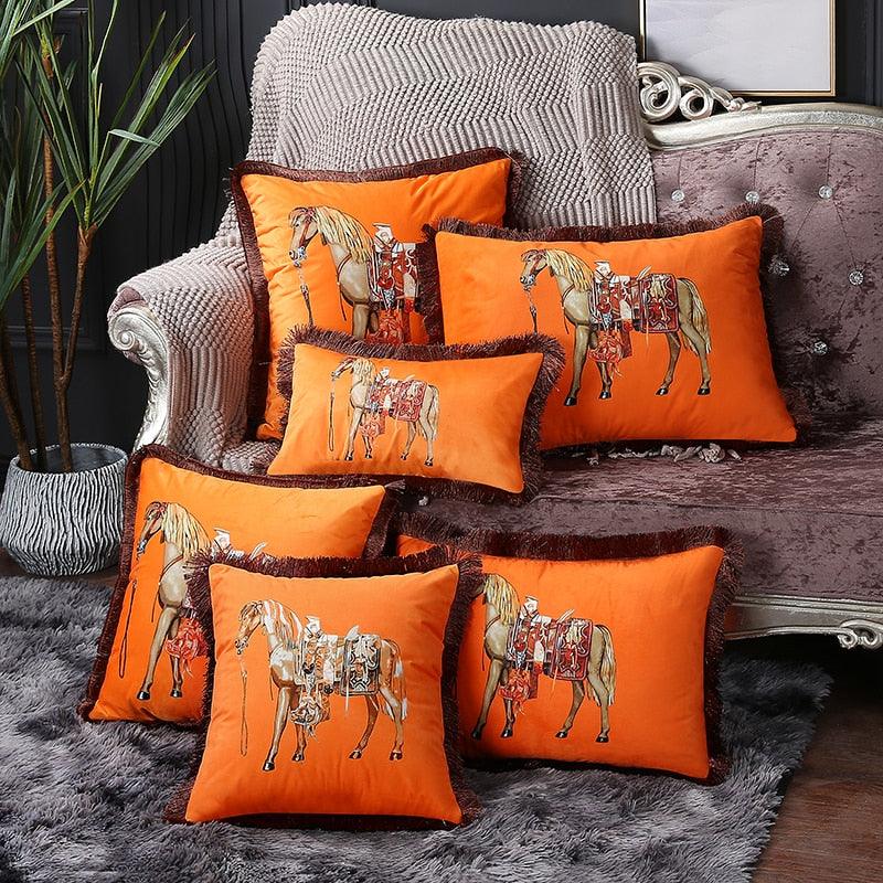 Housse de coussin en polyester imprimé de luxe avec bord à franges