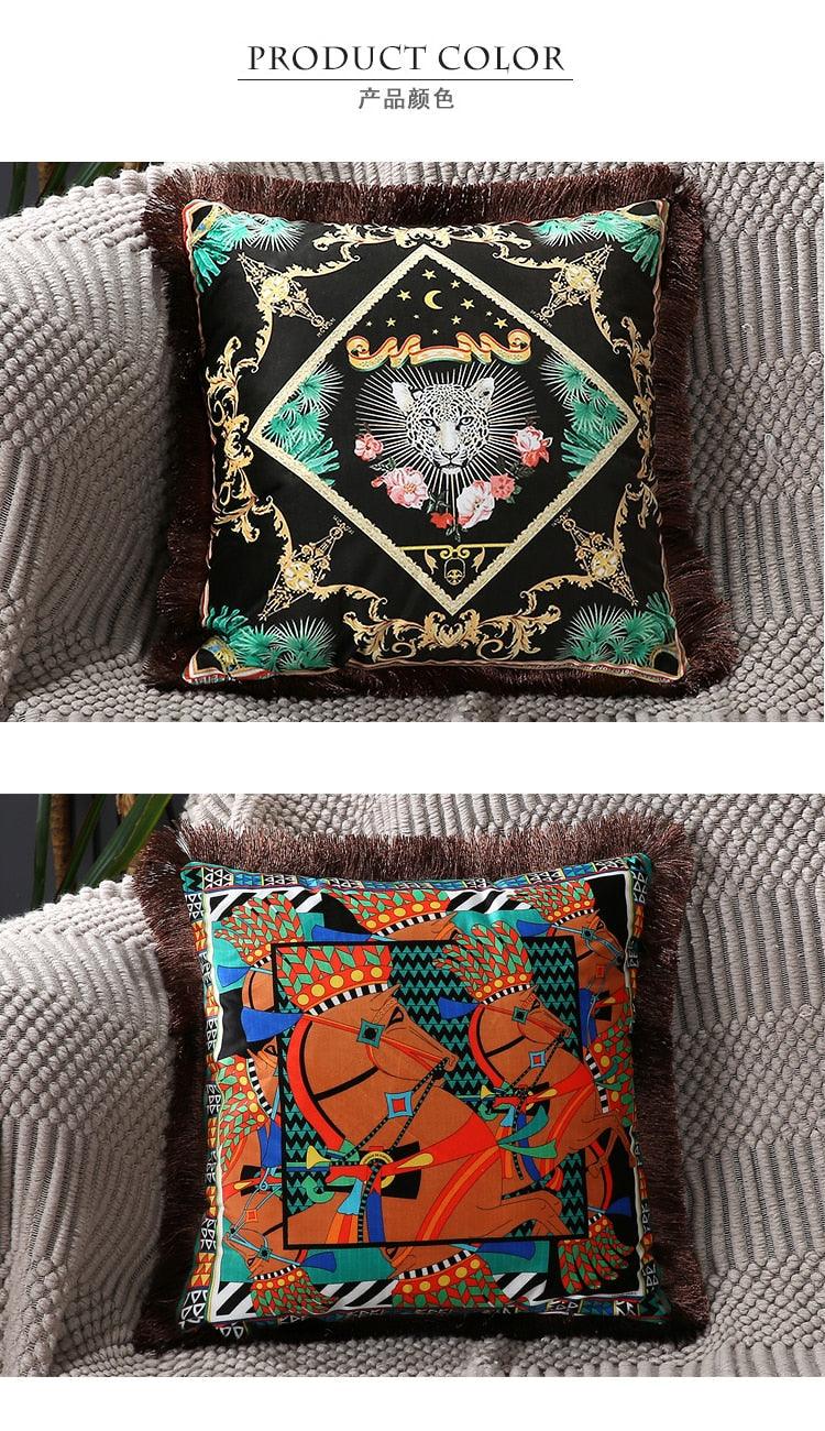Housse de coussin en polyester imprimé de luxe avec bord à franges