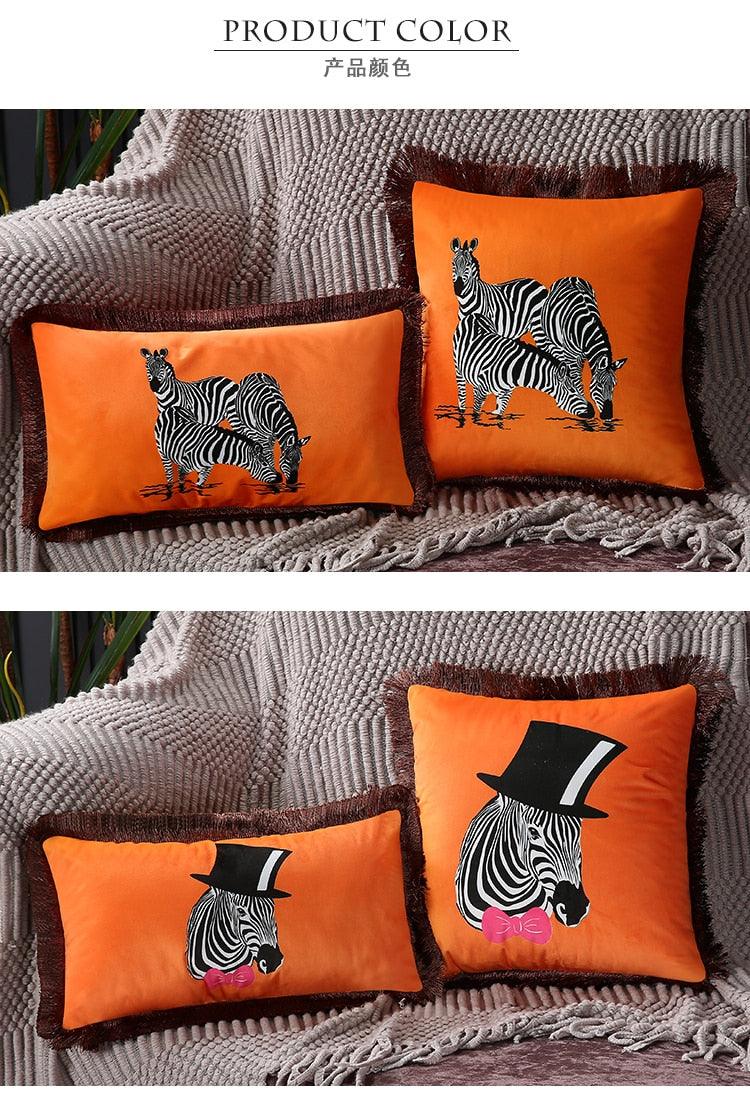 Housse de coussin en polyester imprimé de luxe avec bord à franges
