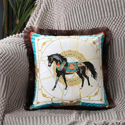 Housse de coussin en polyester imprimé de luxe avec bord à franges