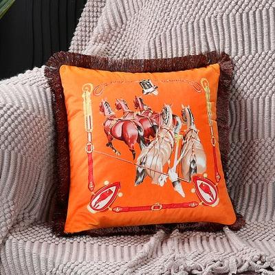 Housse de coussin en polyester imprimé de luxe avec bord à franges