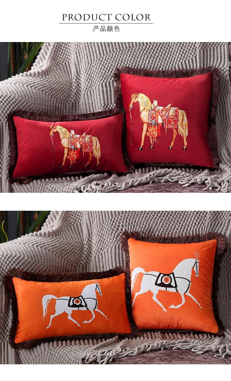 Housse de coussin en polyester imprimé de luxe avec bord à franges