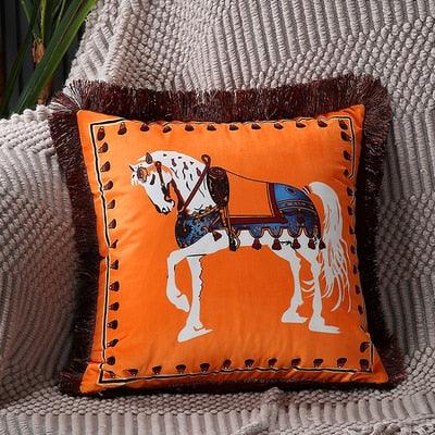 Housse de coussin en polyester imprimé de luxe avec bord à franges