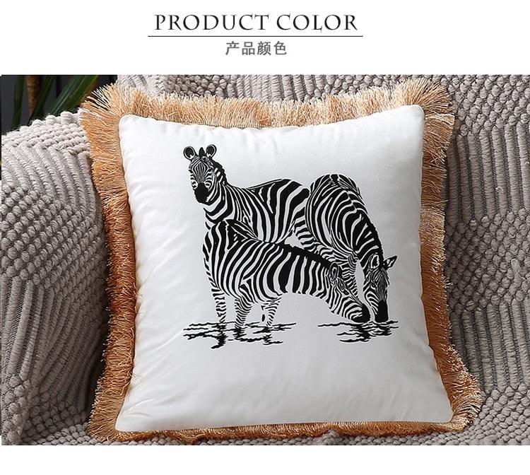 Housse de coussin en polyester imprimé de luxe avec bord à franges