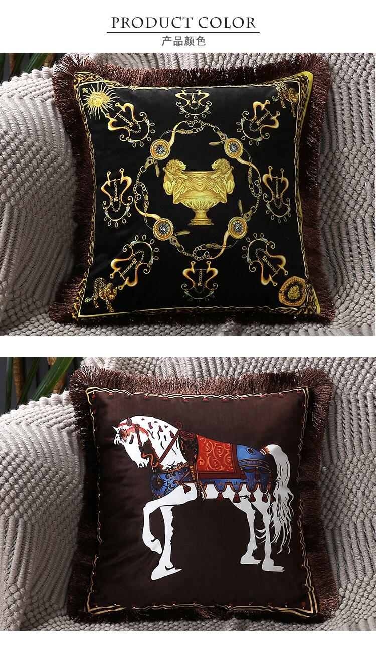 Housse de coussin en polyester imprimé de luxe avec bord à franges