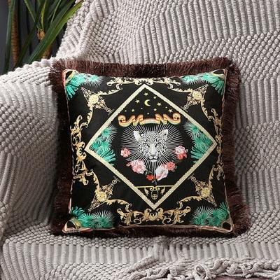 Housse de coussin en polyester imprimé de luxe avec bord à franges