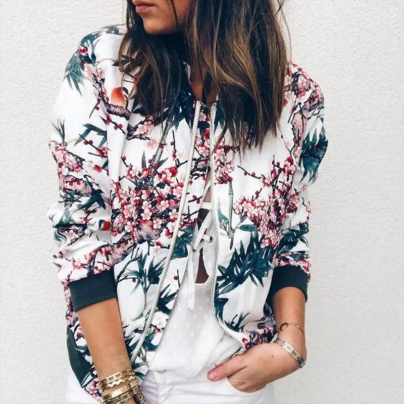 Floral Printed Women's Bomber Jacket - Stylish Spring Outerwear