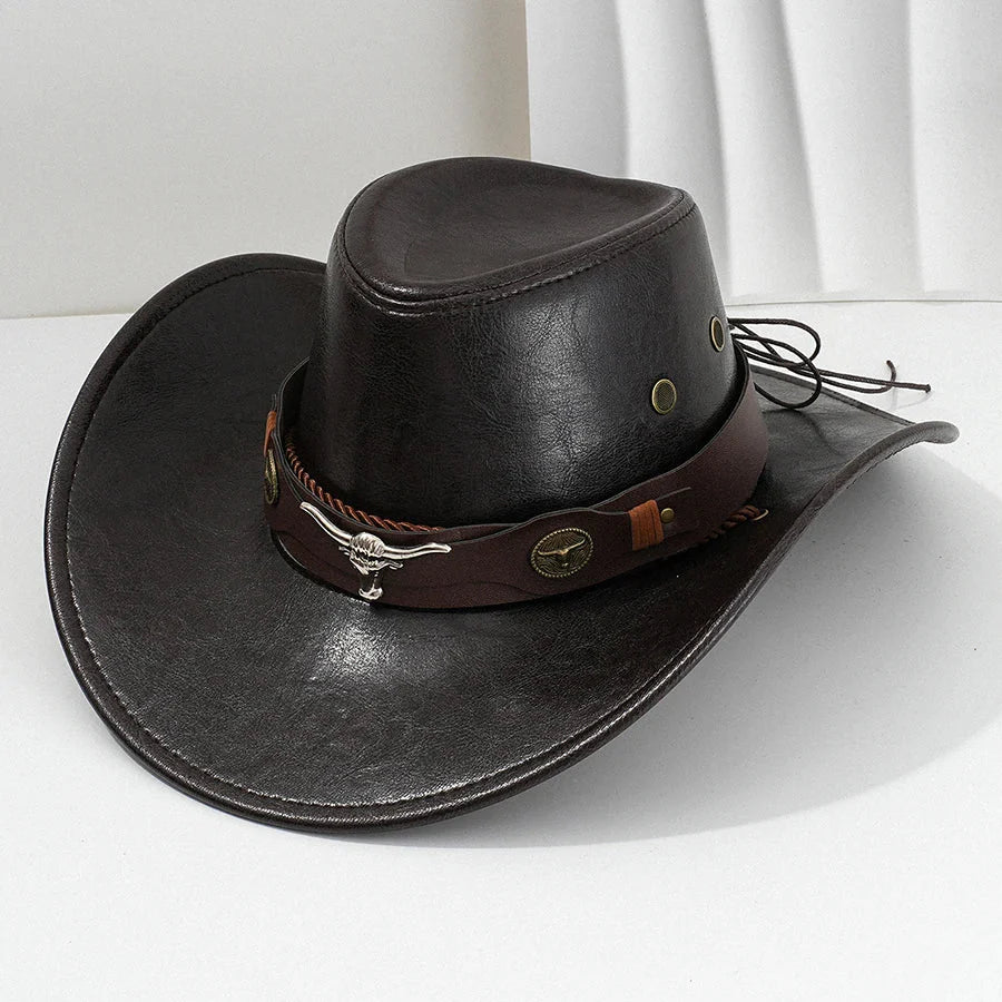 Chapeau de cowboy western unisexe en cuir synthétique vintage