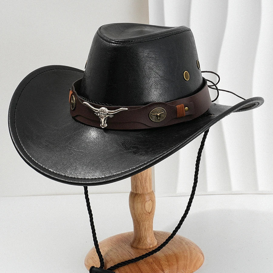 Chapeau de cowboy western unisexe en cuir synthétique vintage