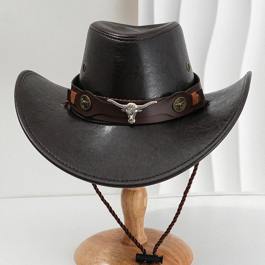 Chapeau de cowboy western unisexe en cuir synthétique vintage