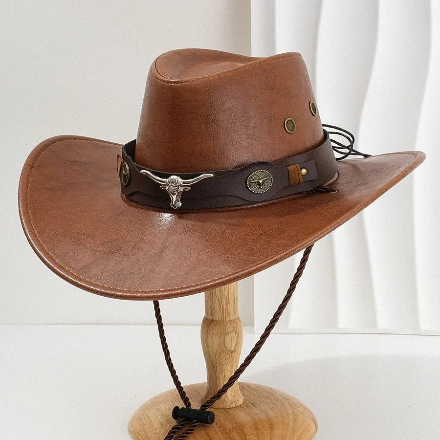 Chapeau de cowboy western unisexe en cuir synthétique vintage