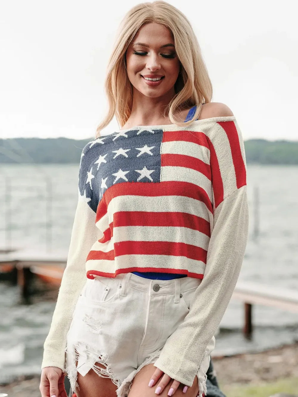 US Flag Boat Neck Long Sleeve Knit Top - Korvel
