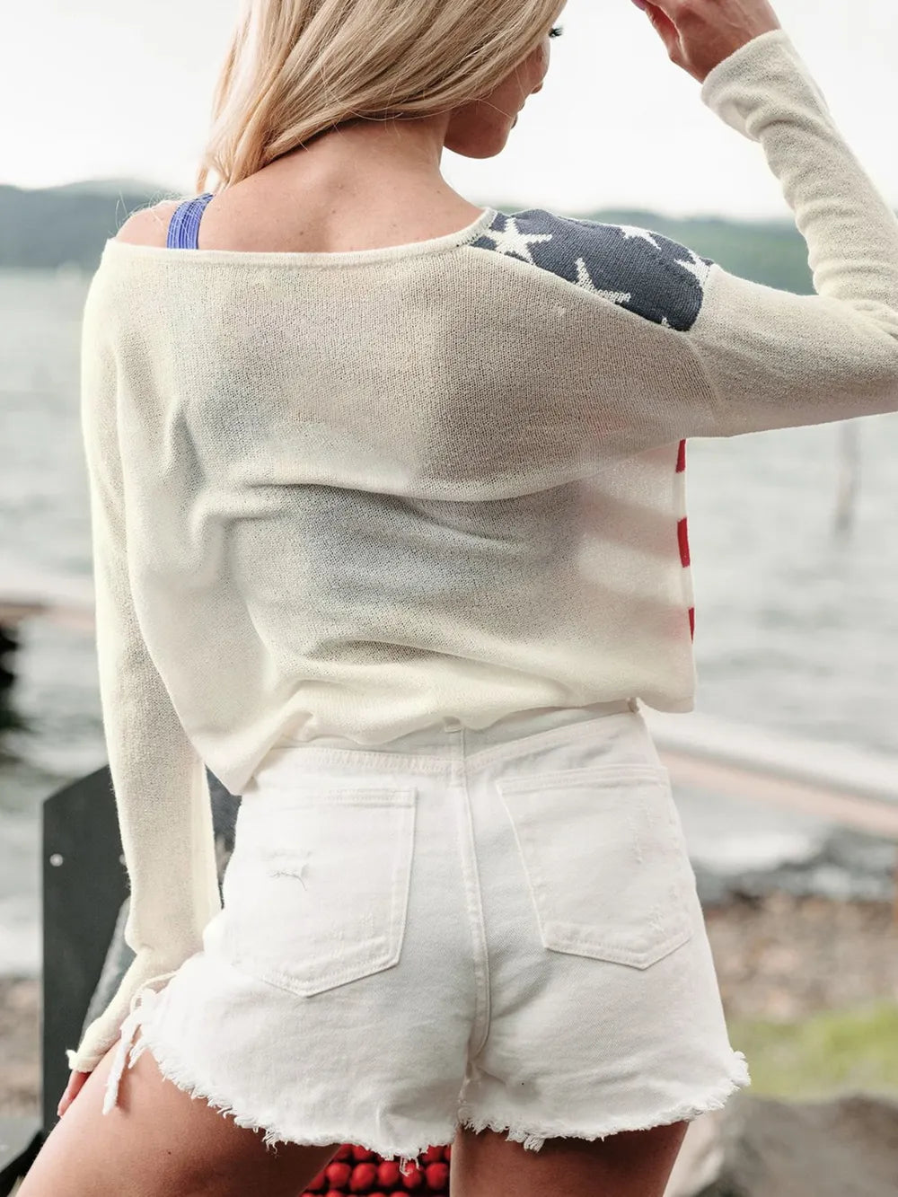 US Flag Boat Neck Long Sleeve Knit Top - Korvel