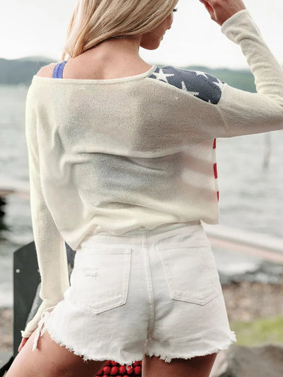 US Flag Boat Neck Long Sleeve Knit Top - Korvel