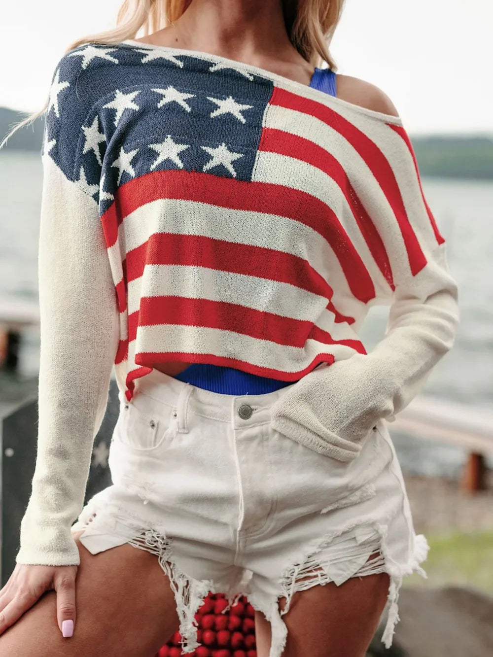 US Flag Boat Neck Long Sleeve Knit Top - Korvel