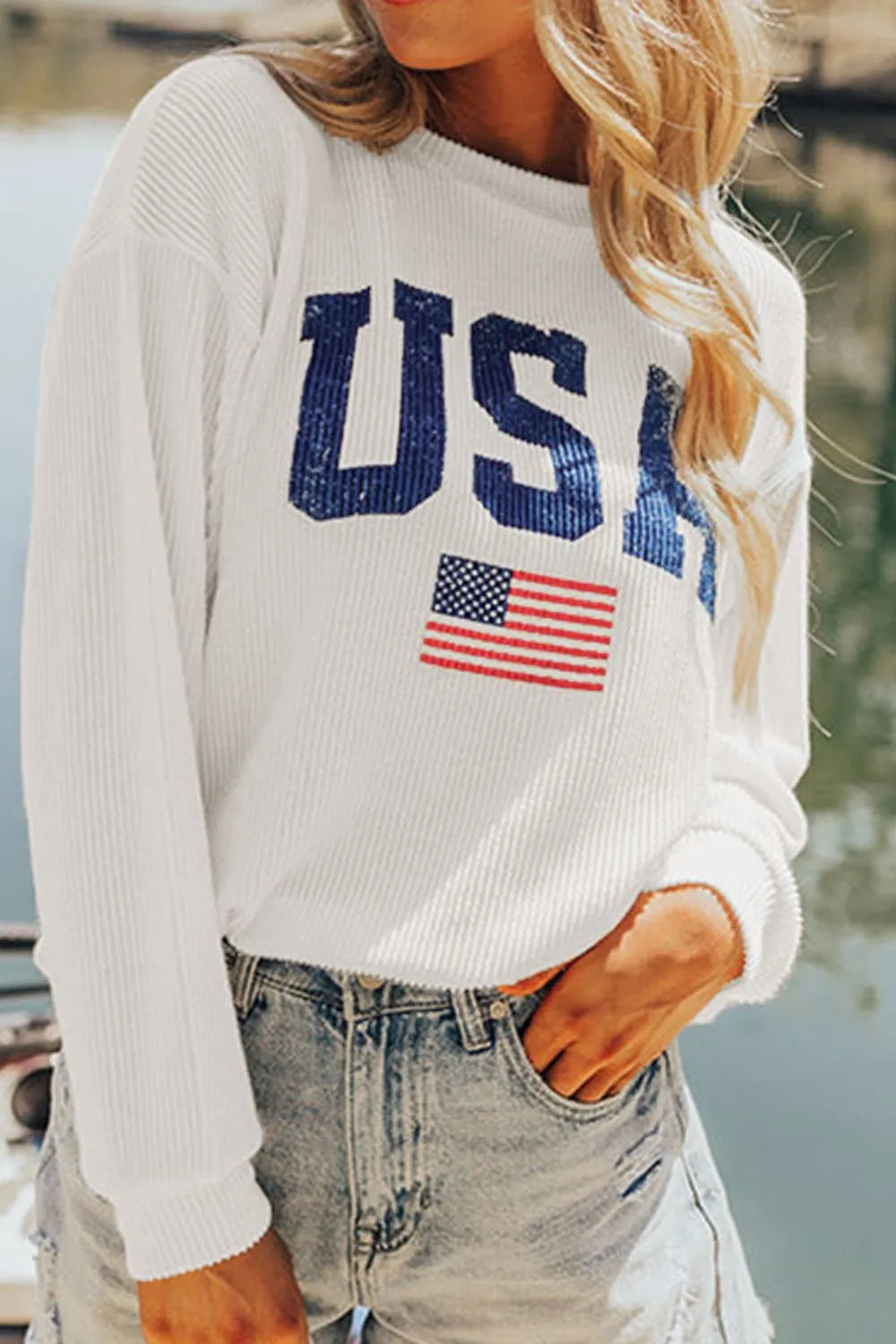 US Flag Corded Long Sleeve Sweatshirt - Korvel