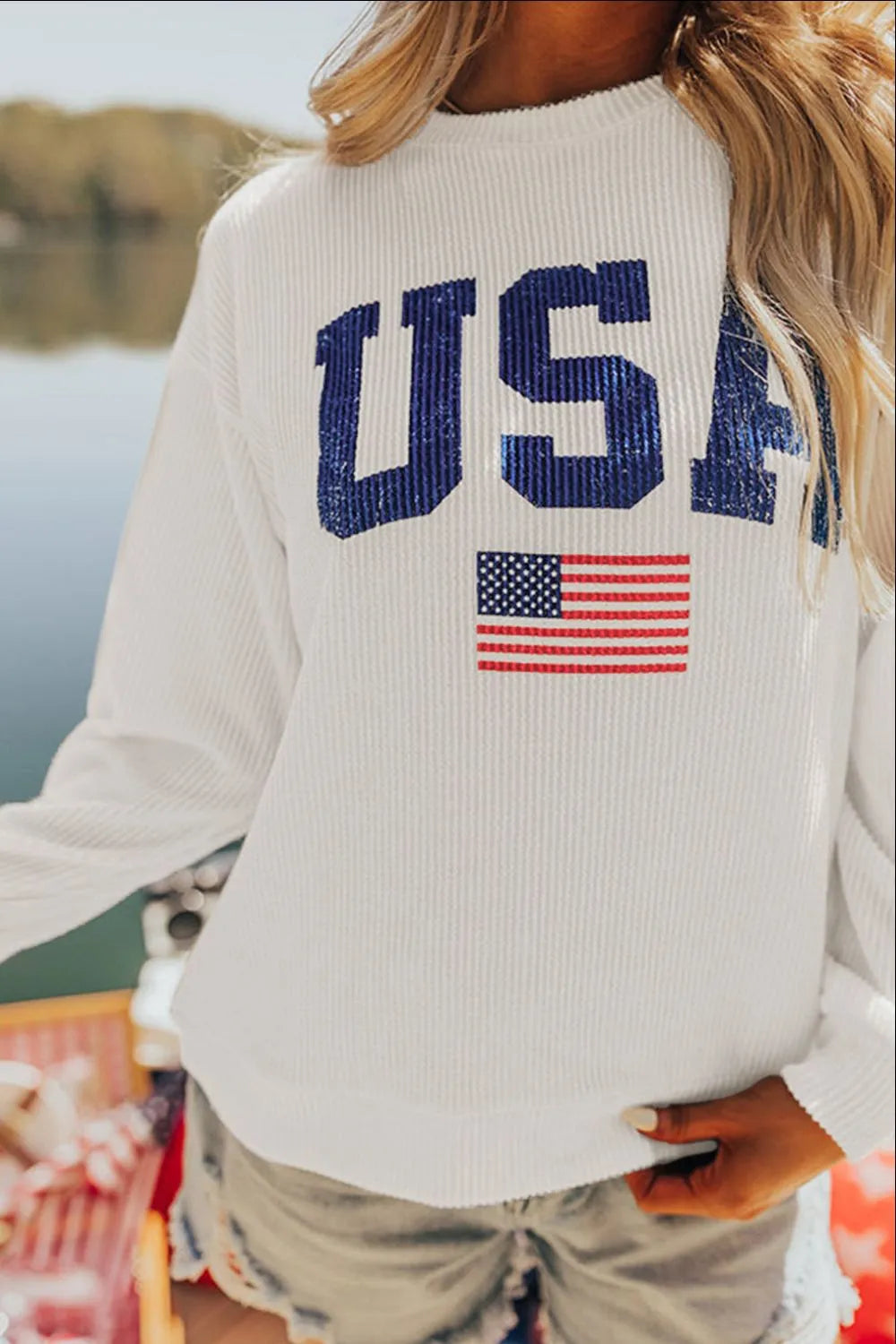 US Flag Corded Long Sleeve Sweatshirt - Korvel