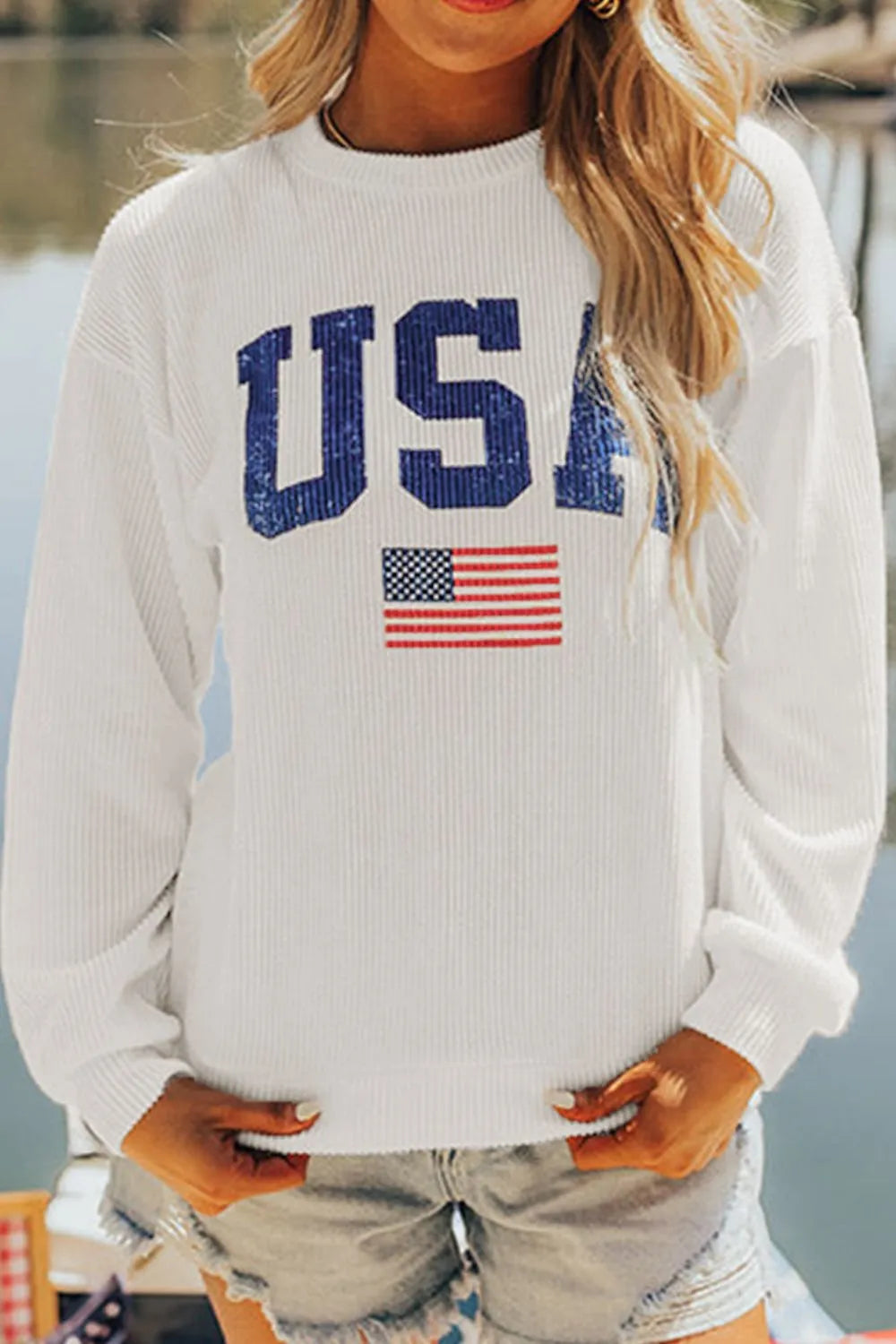 US Flag Corded Long Sleeve Sweatshirt - Korvel