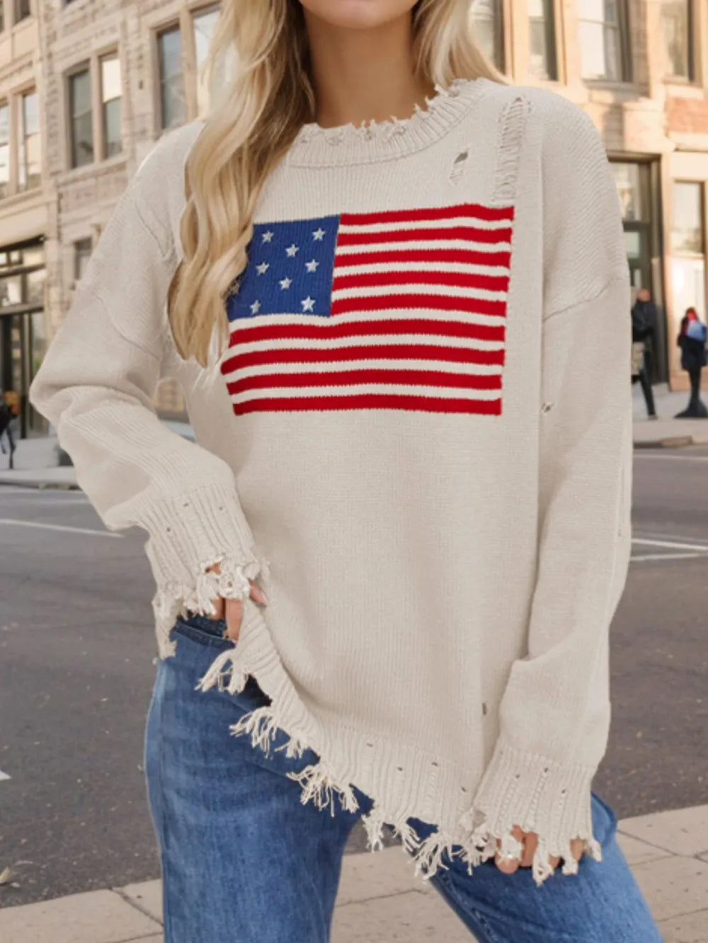 US Flag Distressed Round Neck Long Sleeve Sweater - Korvel