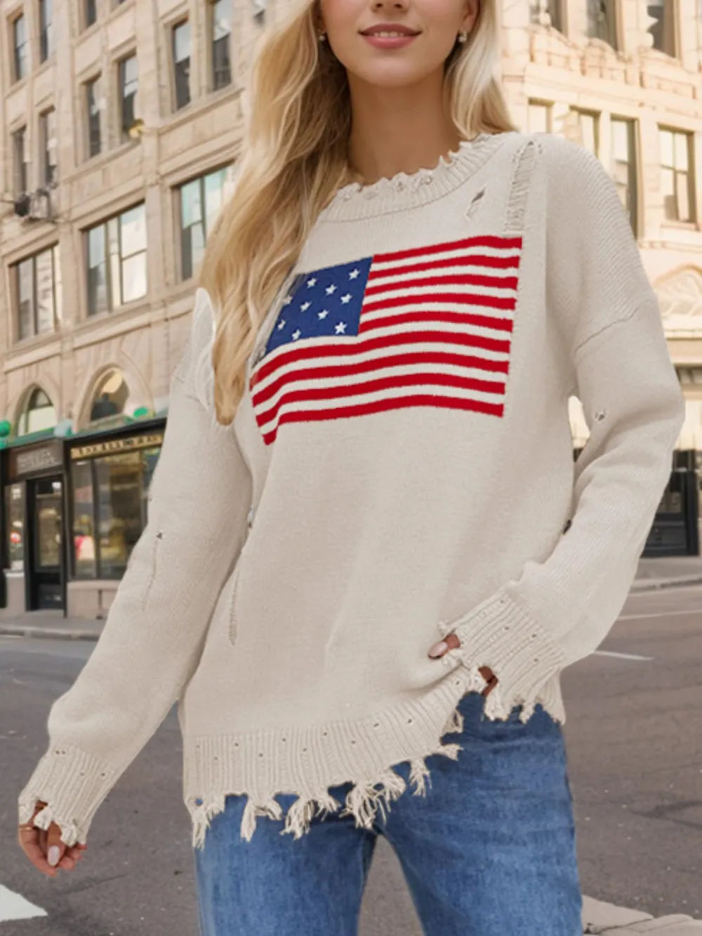 US Flag Distressed Round Neck Long Sleeve Sweater - Korvel