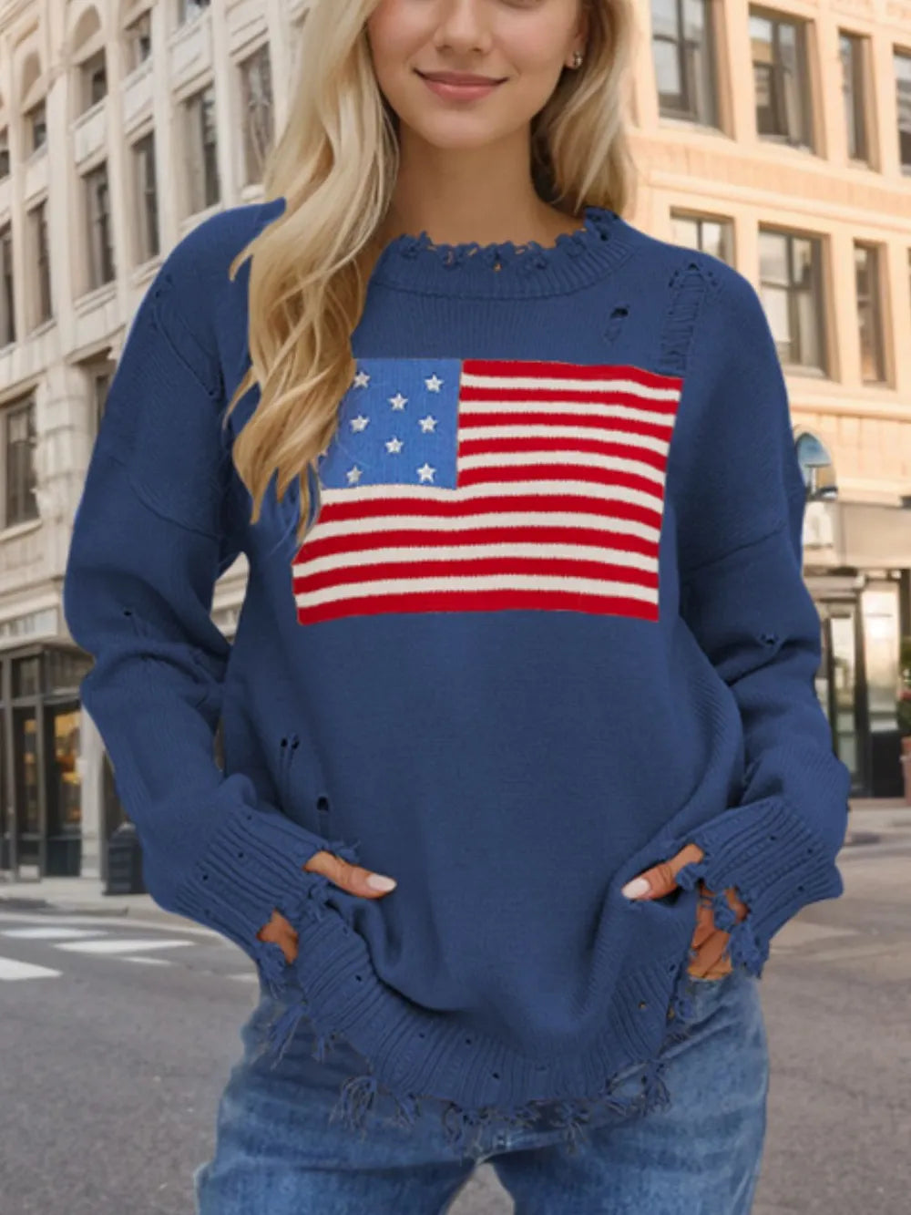 US Flag Distressed Round Neck Long Sleeve Sweater - Korvel