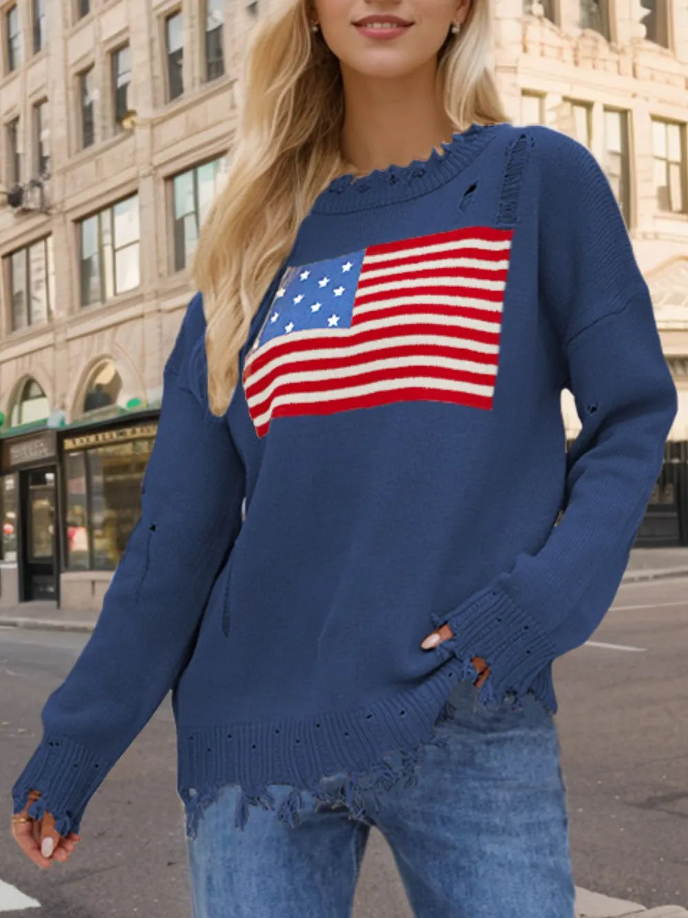 US Flag Distressed Round Neck Long Sleeve Sweater - Korvel