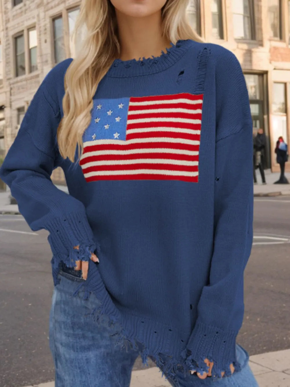 US Flag Distressed Round Neck Long Sleeve Sweater - Korvel