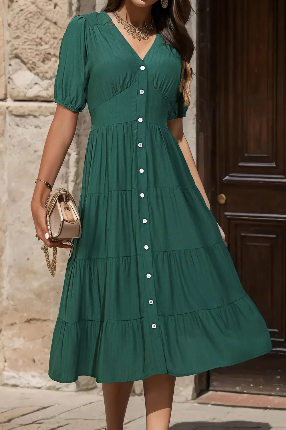 Vestido Midi con Botones y Manga Globo en V