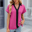 Camiseta suelta de manga corta con cuello en V y contraste para mujeres