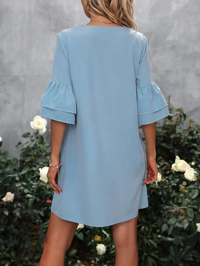 Elegant V-Neck Half Sleeve Mini Dress in Light Blue