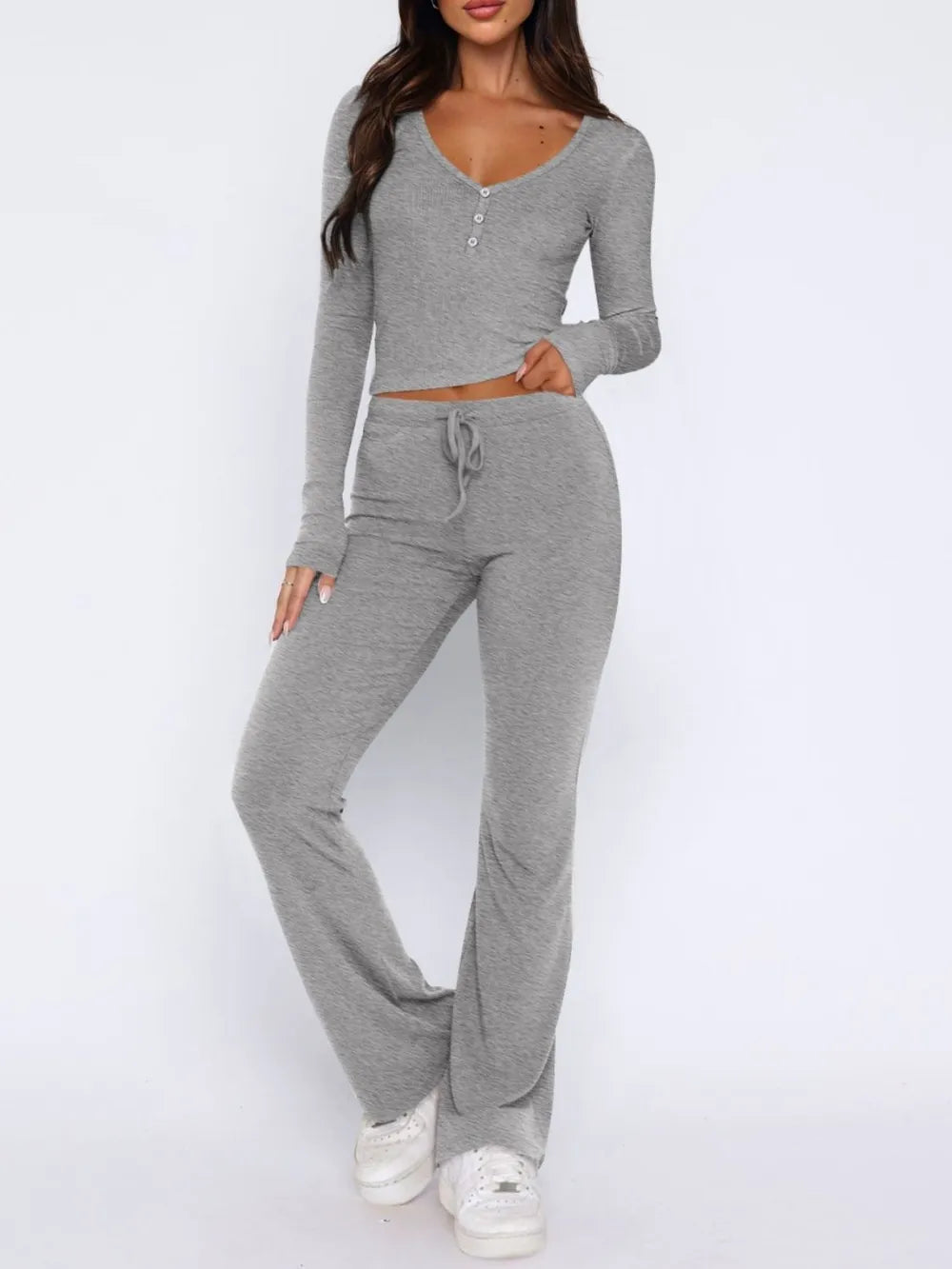 V-Neck Long Sleeve Top and Pants Set - Korvel