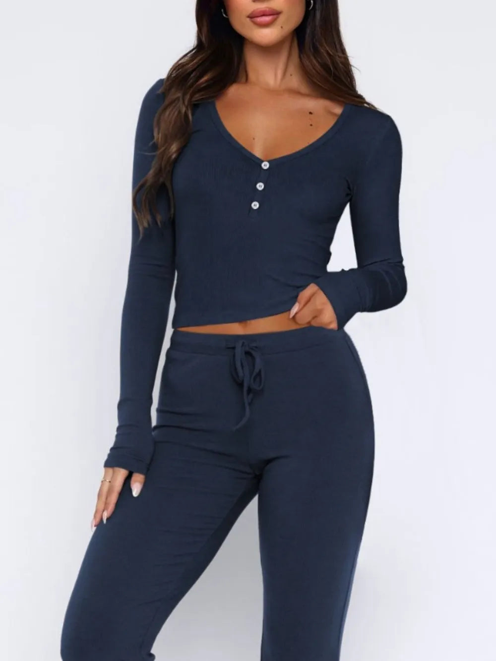 V-Neck Long Sleeve Top and Pants Set - Korvel