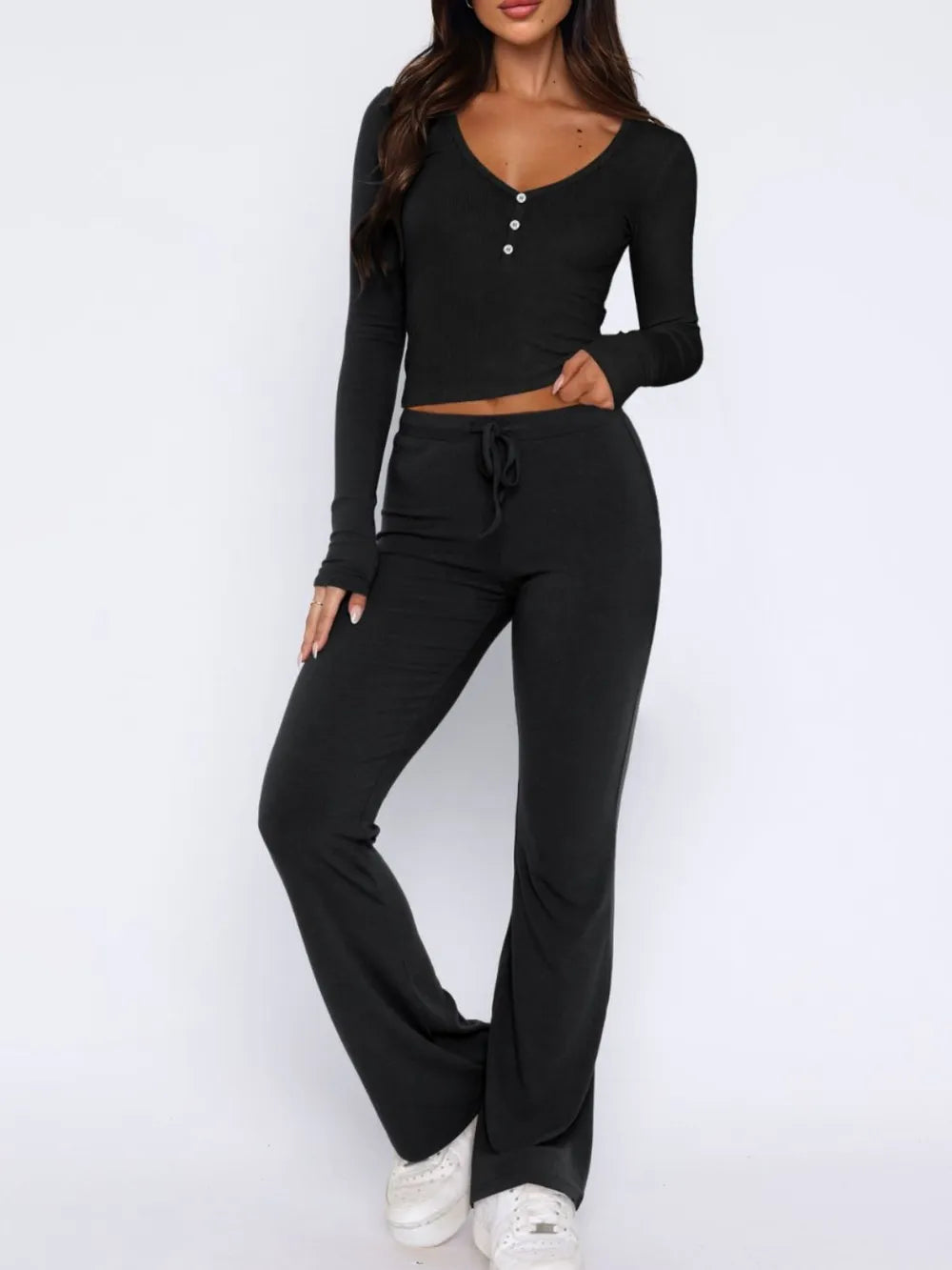 V-Neck Long Sleeve Top and Pants Set - Korvel