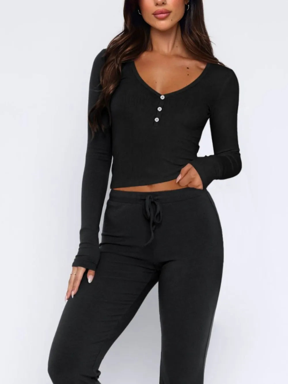 V-Neck Long Sleeve Top and Pants Set - Korvel