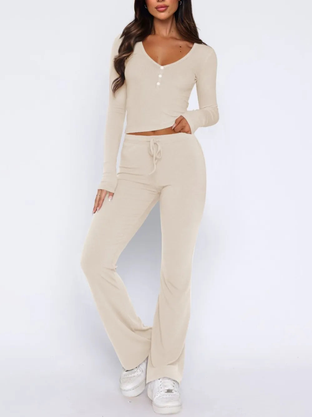 V-Neck Long Sleeve Top and Pants Set - Korvel